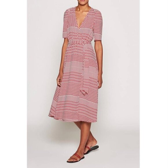 Joie Cata Wrap Dress 10 Midi Red Patchwork Pattern Stripe - Picture 4 of 15